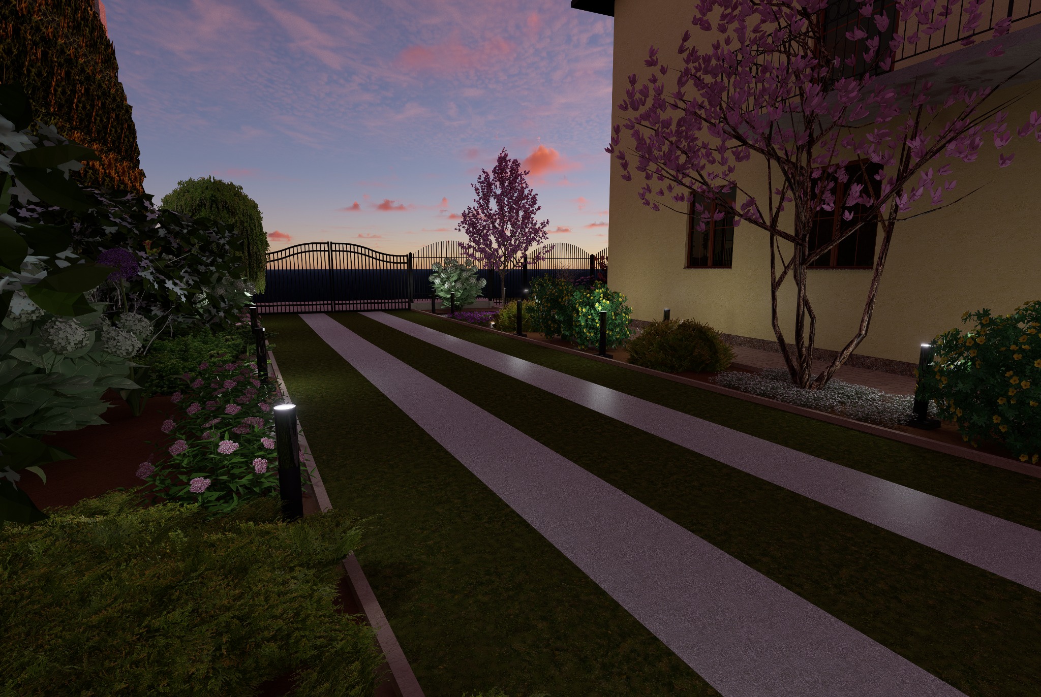 Wizualizacja ogrodu w Wiślicy o zmierzchu: podświetlony podjazd z trzema pasami, brama wjazdowa, rabaty kwiatowe z niskimi lampami, drzewo z różowymi kwiatami przy budynku.
