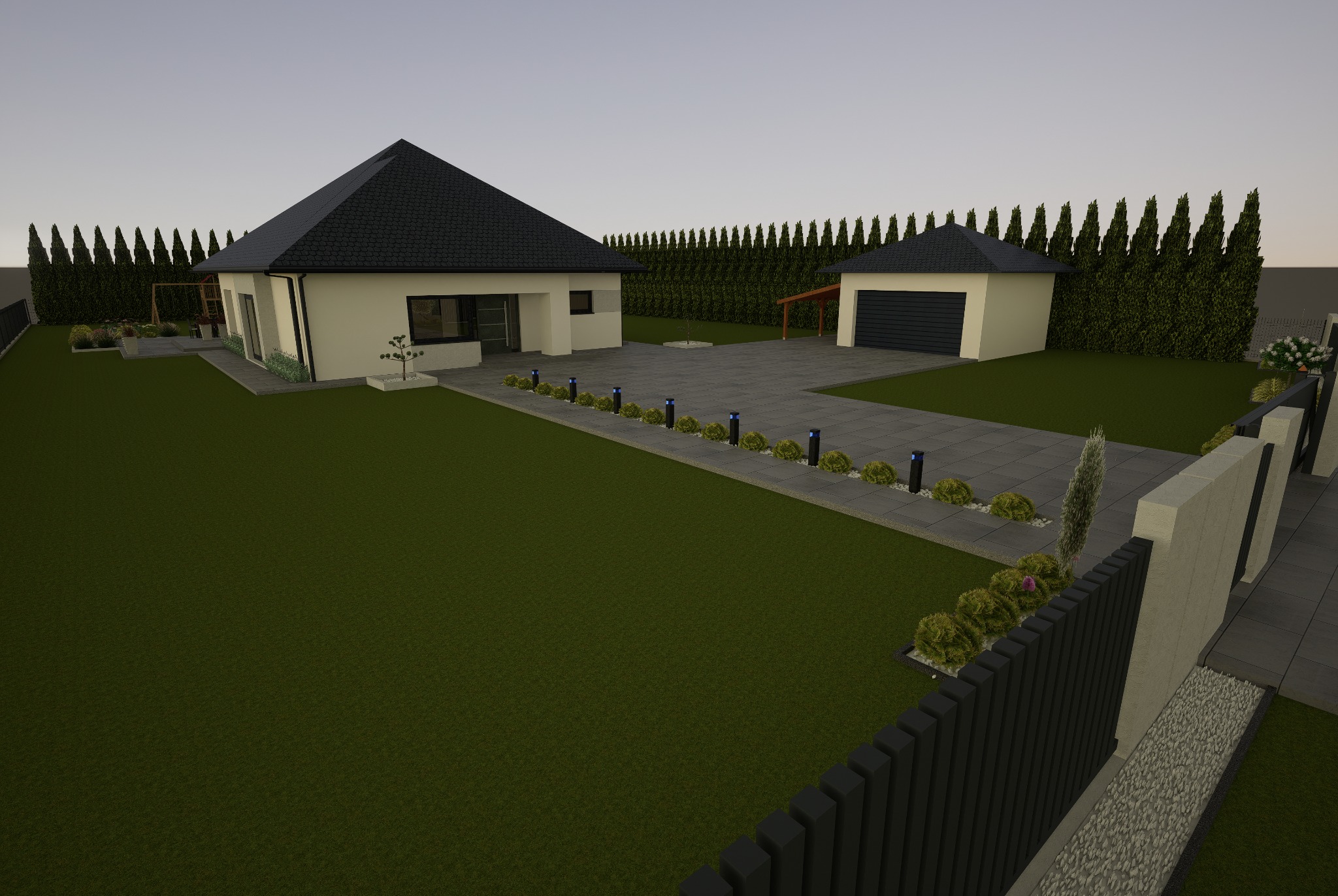 Wizualizacja projektu ogrodu z nowoczesnym domem, podjazdem z oświetleniem, żywopłotem z tuj i minimalistycznym ogrodzeniem.