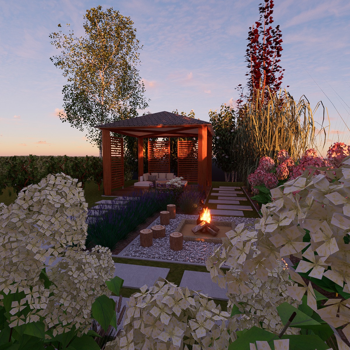 Wizualizacja ogrodu z drewnianą altaną z ażurowymi ścianami, paleniskiem otoczonym kamieniami i drewnianymi siedziskami, kwitnącą lawendą oraz hortensjami w ciepłym świetle zachodzącego słońca.