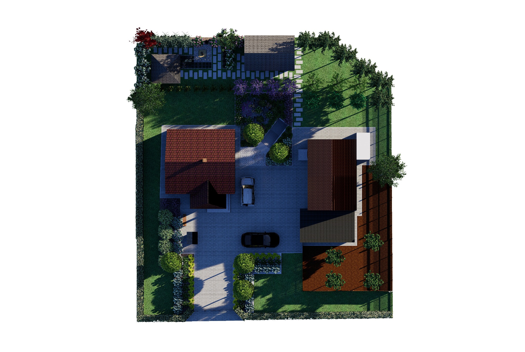 Widok z lotu ptaka na projekt zagospodarowania przestrzeni wokół domu jednorodzinnego: trawnik, ścieżki z kamienia, rabaty kwiatowe z fioletowymi kwiatami, drzewa, krzewy, grill, meble ogrodowe...