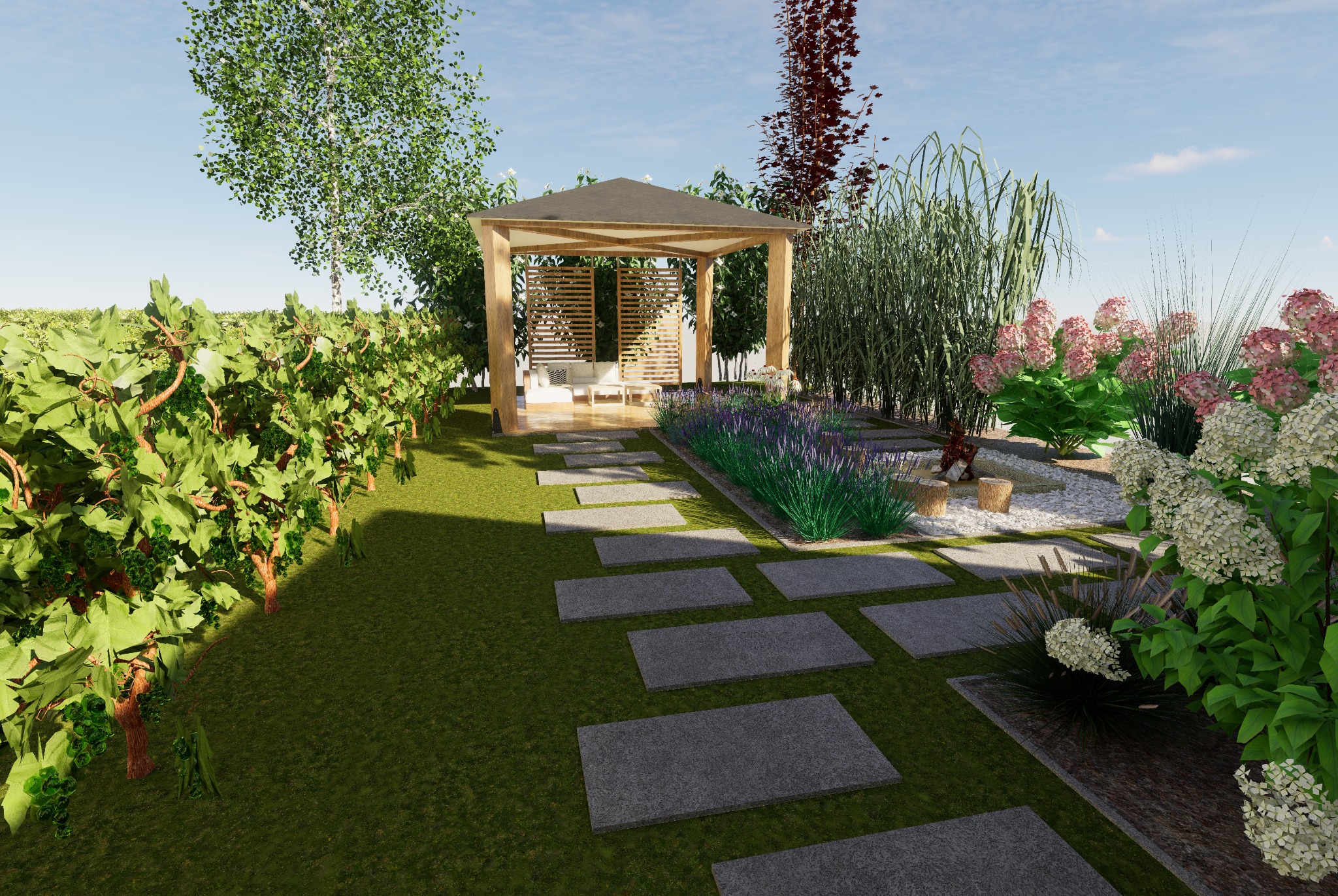 Wizualizacja ogrodu z drewnianą altaną, ścieżką z płyt, rabatami kwiatowymi z lawendą i hortensjami oraz winoroślą w tle.