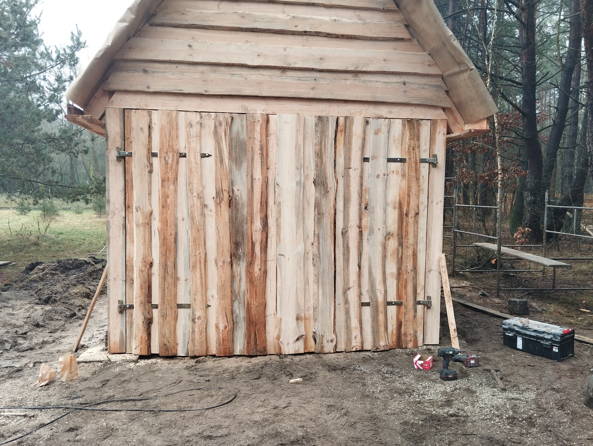 Konstrukcja szopy z surowych desek z widocznymi zawiasami, w trakcie budowy, z narzędziami leżącymi na ziemi i lasem w tle.