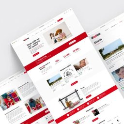 goweb_pl - Prezentacja responsywnej strony internetowej fundacji z elementami zbiórek online, wyświetlana na trzech ekranach laptopów. Czerwono-biała kolorystyka, czytelny układ.