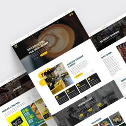 goweb_pl - Prezentacja responsywnej strony internetowej kawiarni z Białegostoku na kilku ekranach. Żółto-czarna kolorystyka, nowoczesny design, widoczne menu i promocje.