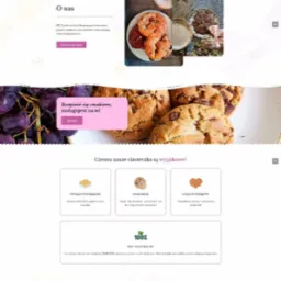 Wygląd strony internetowej sklepu z ciastkami 'cookieonline.pl', prezentujący nagłówek z nazwą marki, grafiką ciastek i winogron, menu nawigacyjne, sekcję 'Bestsellery' z ofertą ciastek, opis firmy...