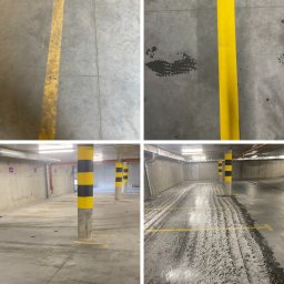 Z POŁYSKIEM Bartłomiej Zienkiewicz - Czyszczenie posadzki w garażu podziemnym: widok przed i w trakcie mycia. Żółte pasy na betonowej podłodze garażu. Pianowanie podłoża w trakcie czyszczenia.