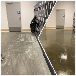 Z POŁYSKIEM Bartłomiej Zienkiewicz - Zdjęcie typu 'przed i po' prezentujące czyszczenie podłogi w szatni obok szafek i drzwi z symbolem toalety. Po lewej brudna, po prawej umyta, błyszcząca podłoga.