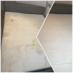 Materac łóżka przed i po czyszczeniu, widoczne plamy usunięte. Efekt prania materaca, zarys wezgłowia.