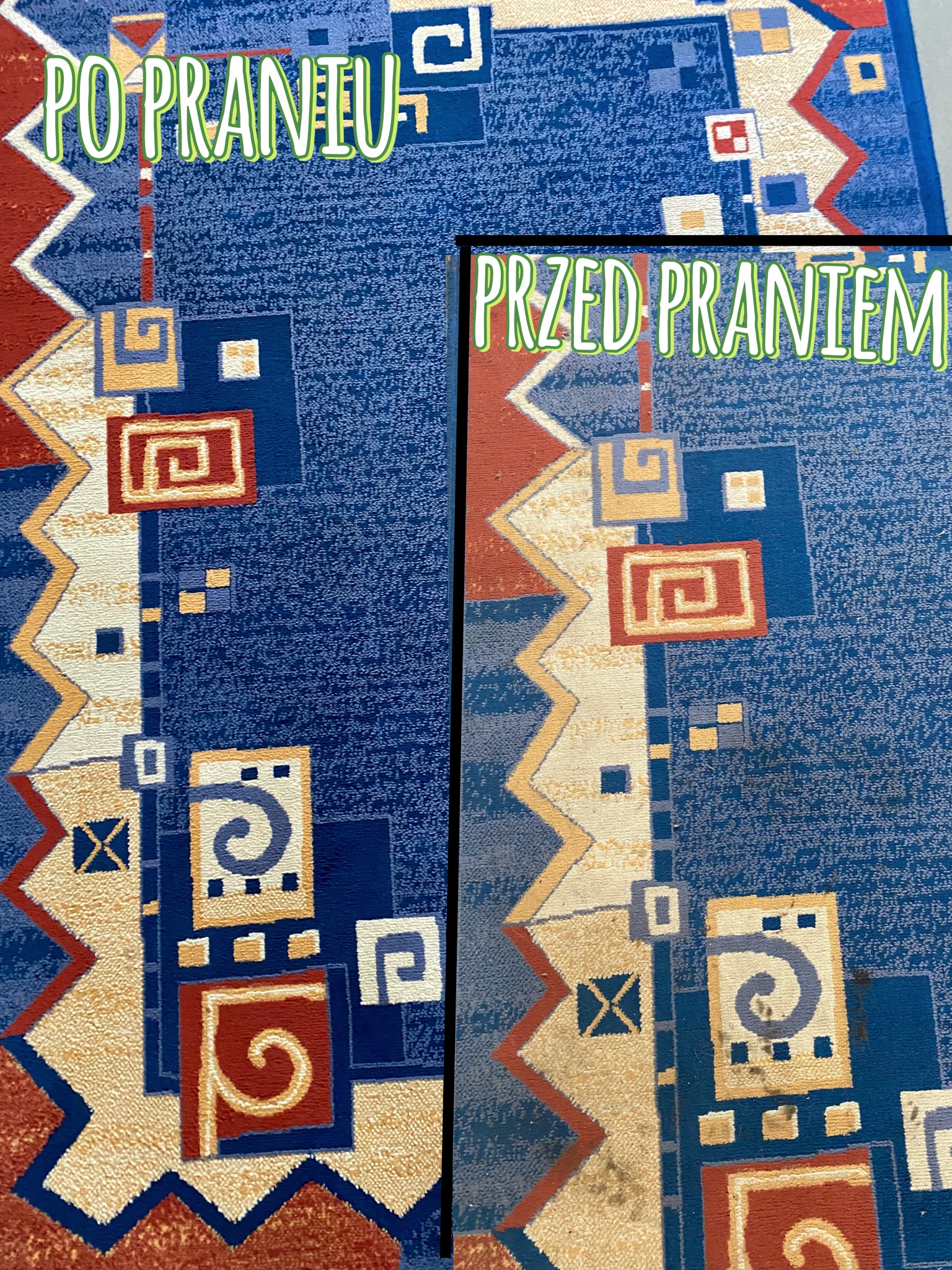 Dywan w geometryczne wzory, podzielony na dwie części: lewa strona „po praniu”, prawa „przed praniem”, ukazująca różnicę w kolorze i czystości.
