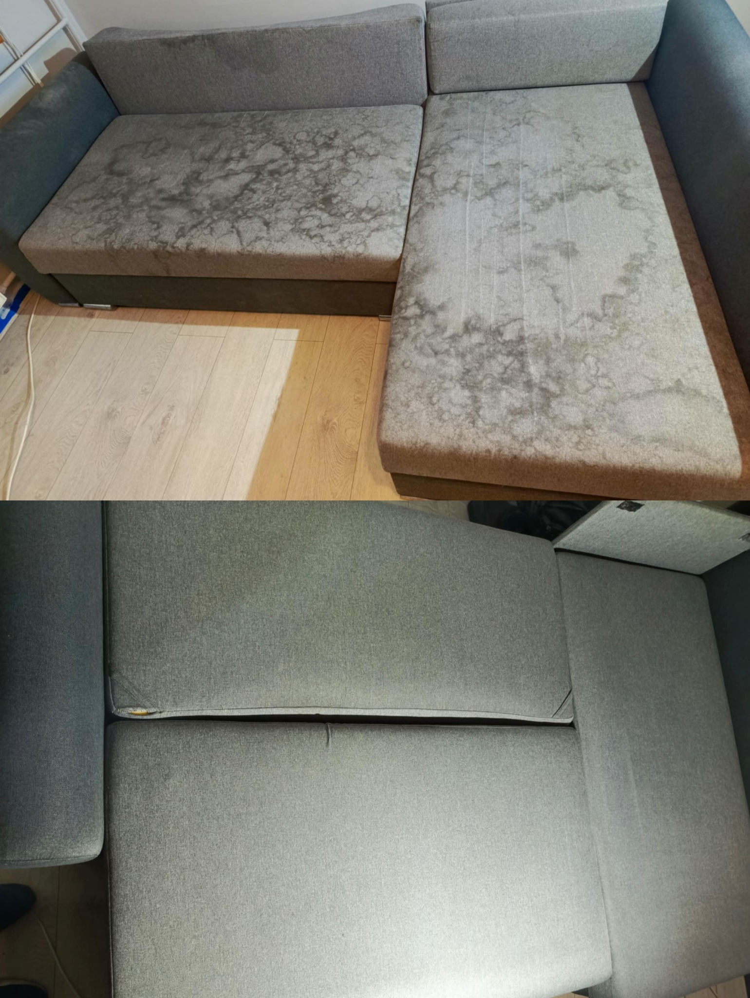 Szara, narożna kanapa przed i po czyszczeniu. Widoczne plamy na górnej części (przed), czysta tapicerka na dolnej (po). Tekstylna powierzchnia.