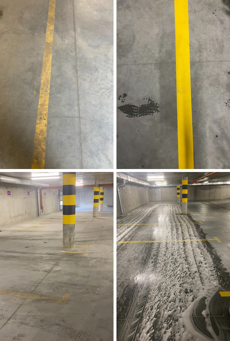 Czyszczenie posadzki w garażu podziemnym: widok przed i w trakcie mycia. Żółte pasy na betonowej podłodze garażu. Pianowanie podłoża w trakcie czyszczenia.