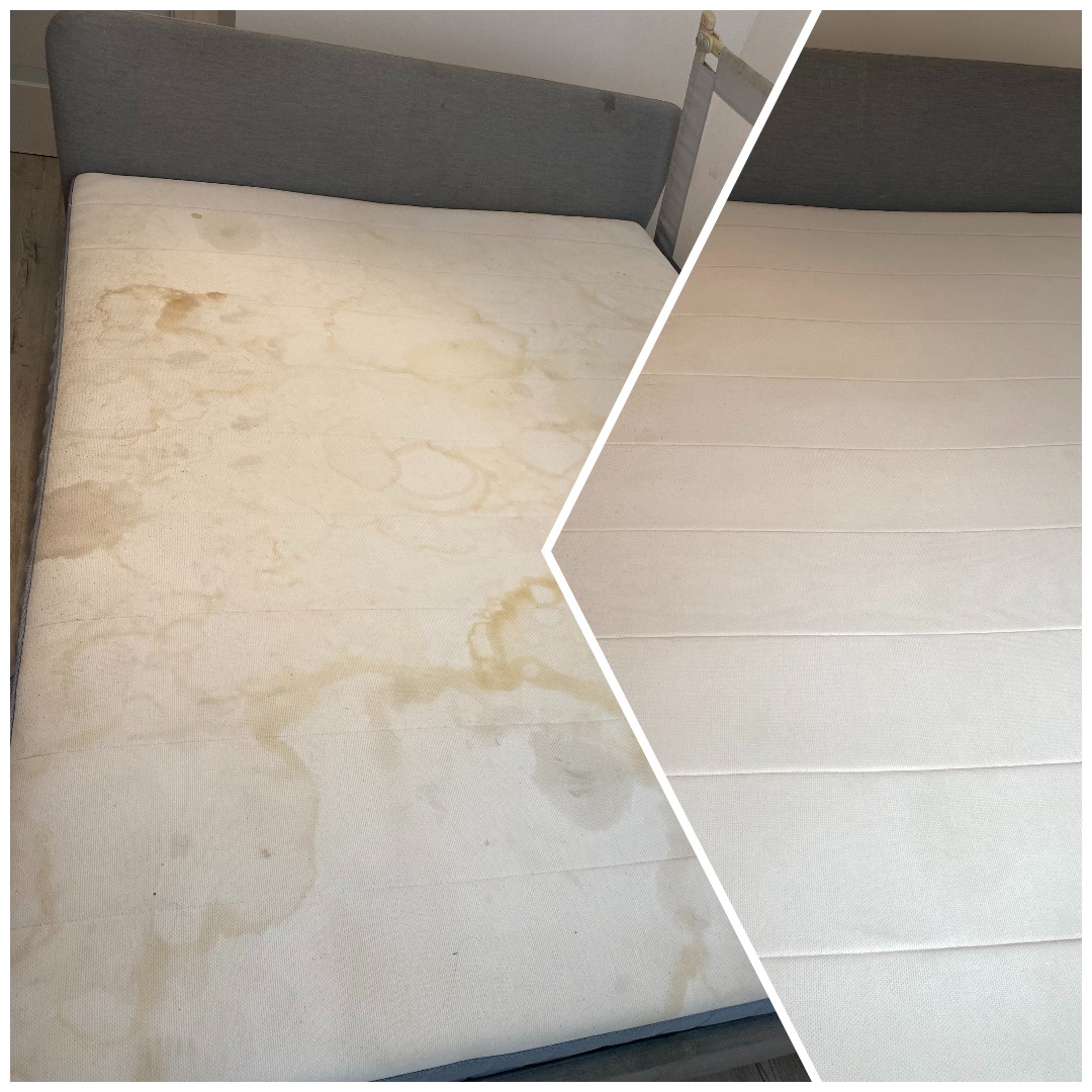 Materac łóżka przed i po czyszczeniu, widoczne plamy usunięte. Efekt prania materaca, zarys wezgłowia.