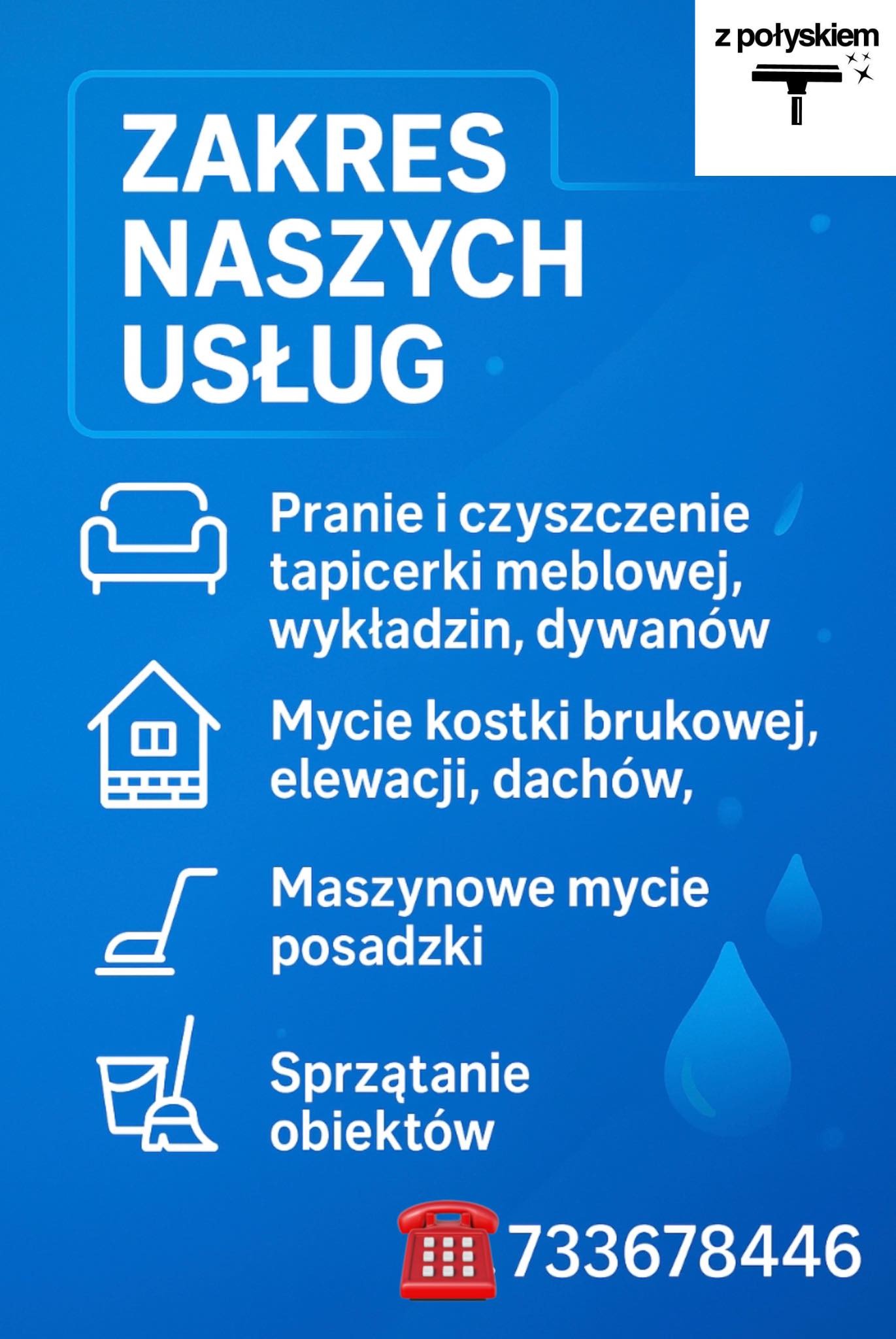 Grafika reklamowa: zakres usług czyszczących z ikonami (meble, kostka, posadzki, obiekty) i numerem telefonu. Logo firmy 'z połyskiem' w prawym górnym rogu.