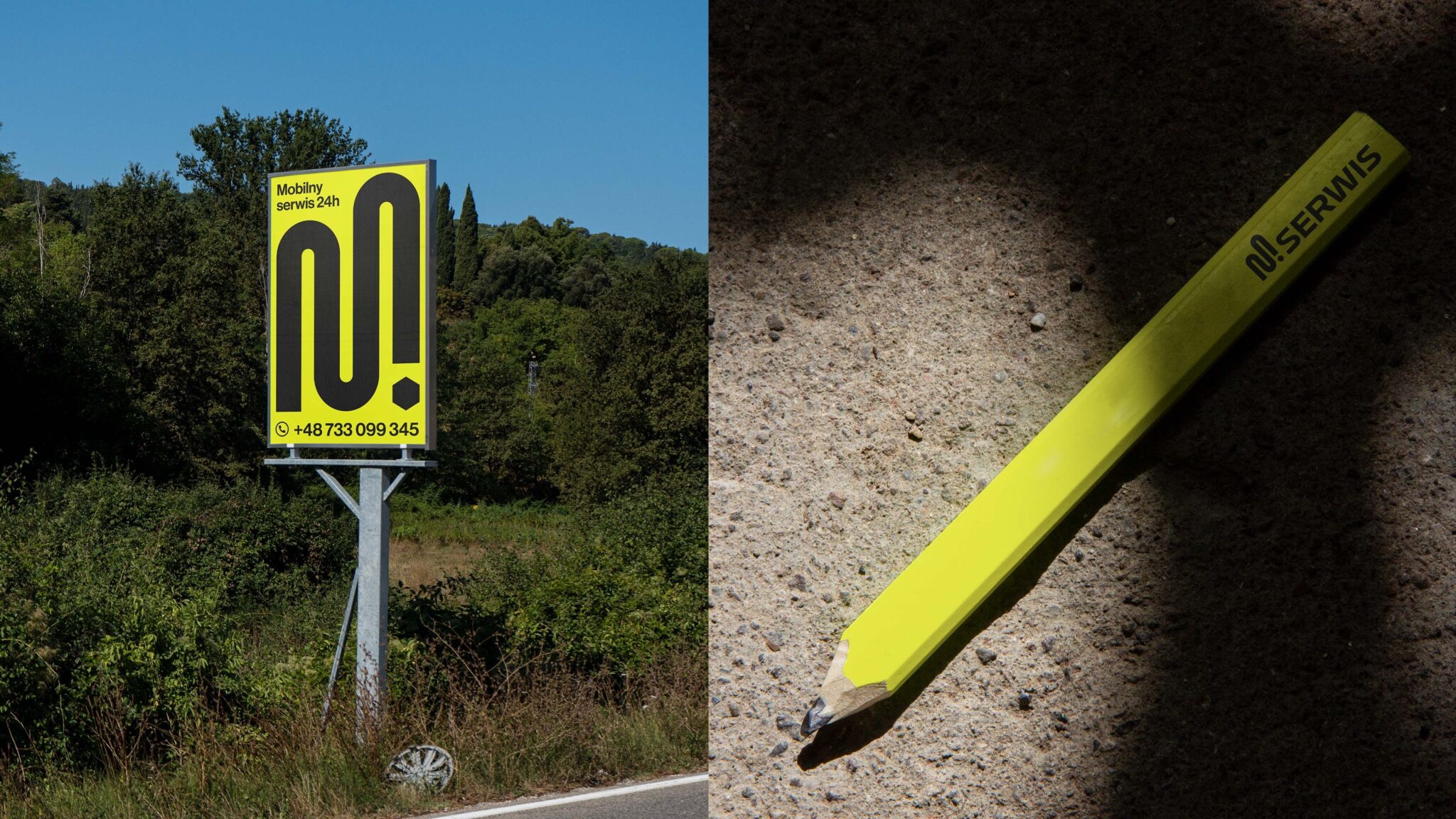 Kompozycja łącząca zdjęcie billboardu z czarno-żółtym znakiem graficznym i numerem telefonu, umieszczonego przy drodze na tle zieleni, z leżącym na szarym, chropowatym podłożu dużym, żółtym...