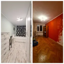 Zestawienie pokoju przed i w trakcie remontu: z lewej umeblowane wnętrze z jasnymi ścianami i panelami podłogowymi, z prawej pokój z czerwoną ścianą w trakcie malowania, parkietem w jodełkę...