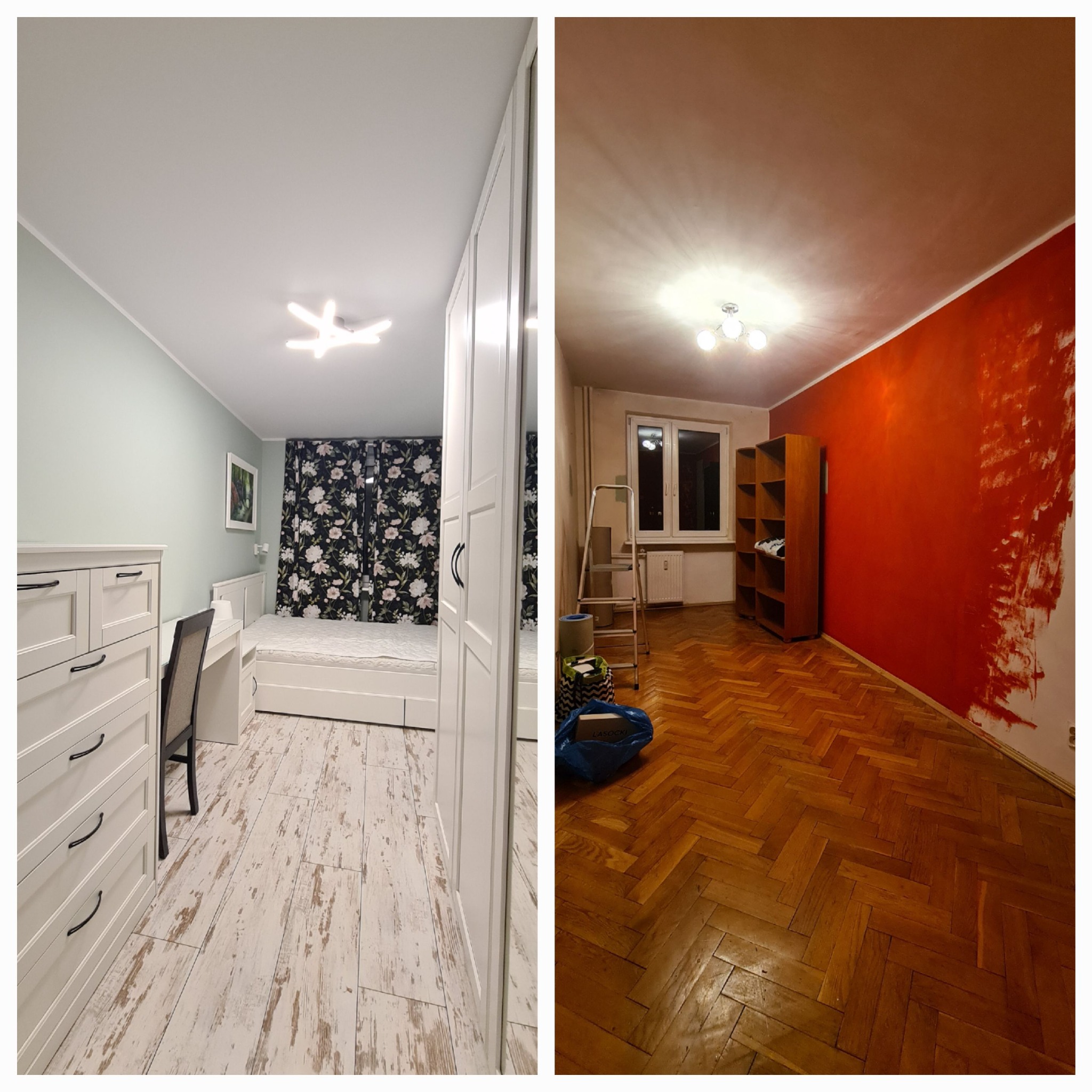 Zestawienie pokoju przed i w trakcie remontu: z lewej umeblowane wnętrze z jasnymi ścianami i panelami podłogowymi, z prawej pokój z czerwoną ścianą w trakcie malowania, parkietem w jodełkę...