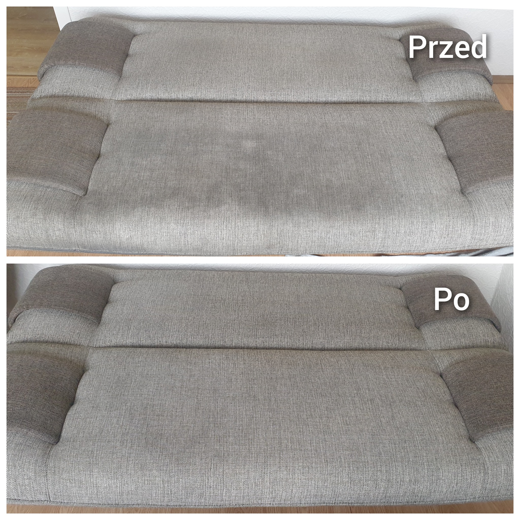 Dwu-częściowe ujęcie kanapy z szarej tkaniny: górna część pokazuje zabrudzenia przed czyszczeniem, dolna część prezentuje odświeżony wygląd po czyszczeniu.