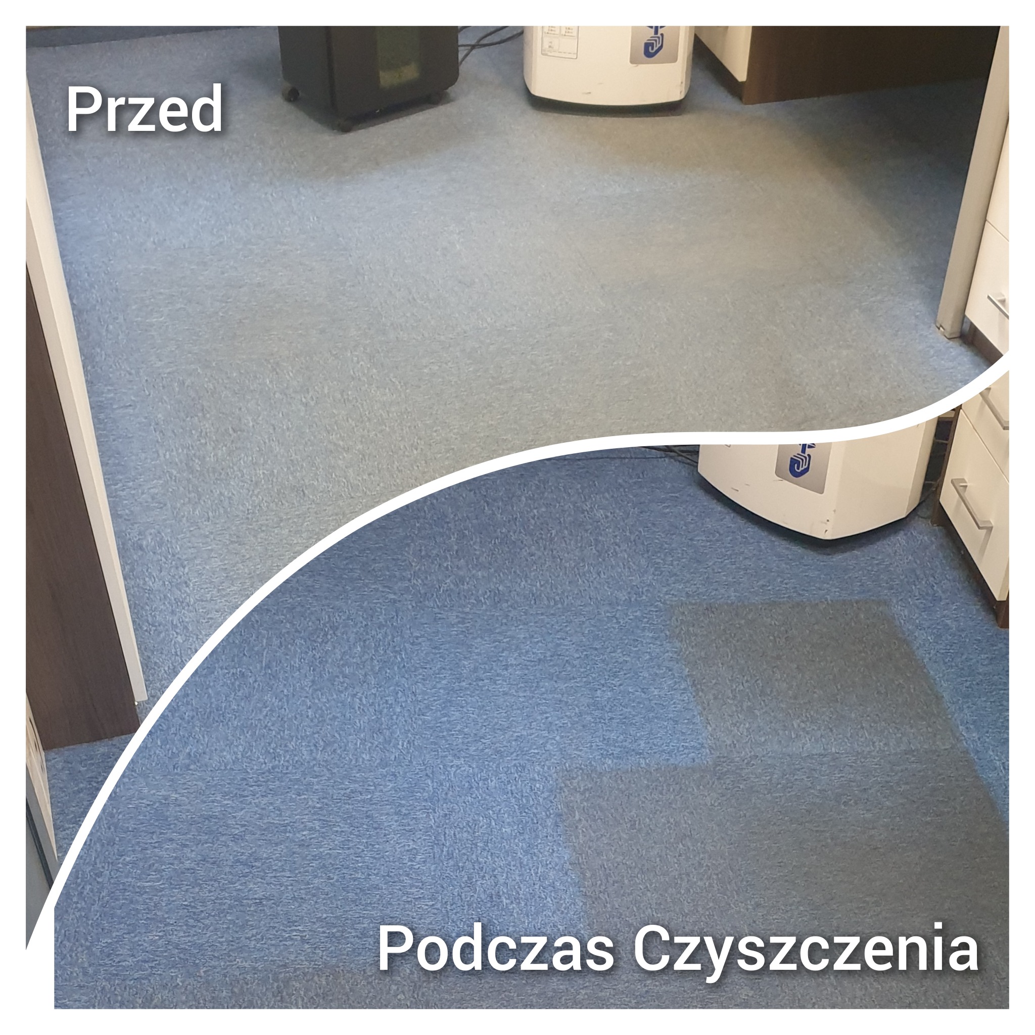 Porównanie wizualne: fragment dywanu przed i w trakcie czyszczenia, ukazujący różnicę w kolorze i usunięciu zabrudzeń, z widocznymi urządzeniami czyszczącymi w tle.