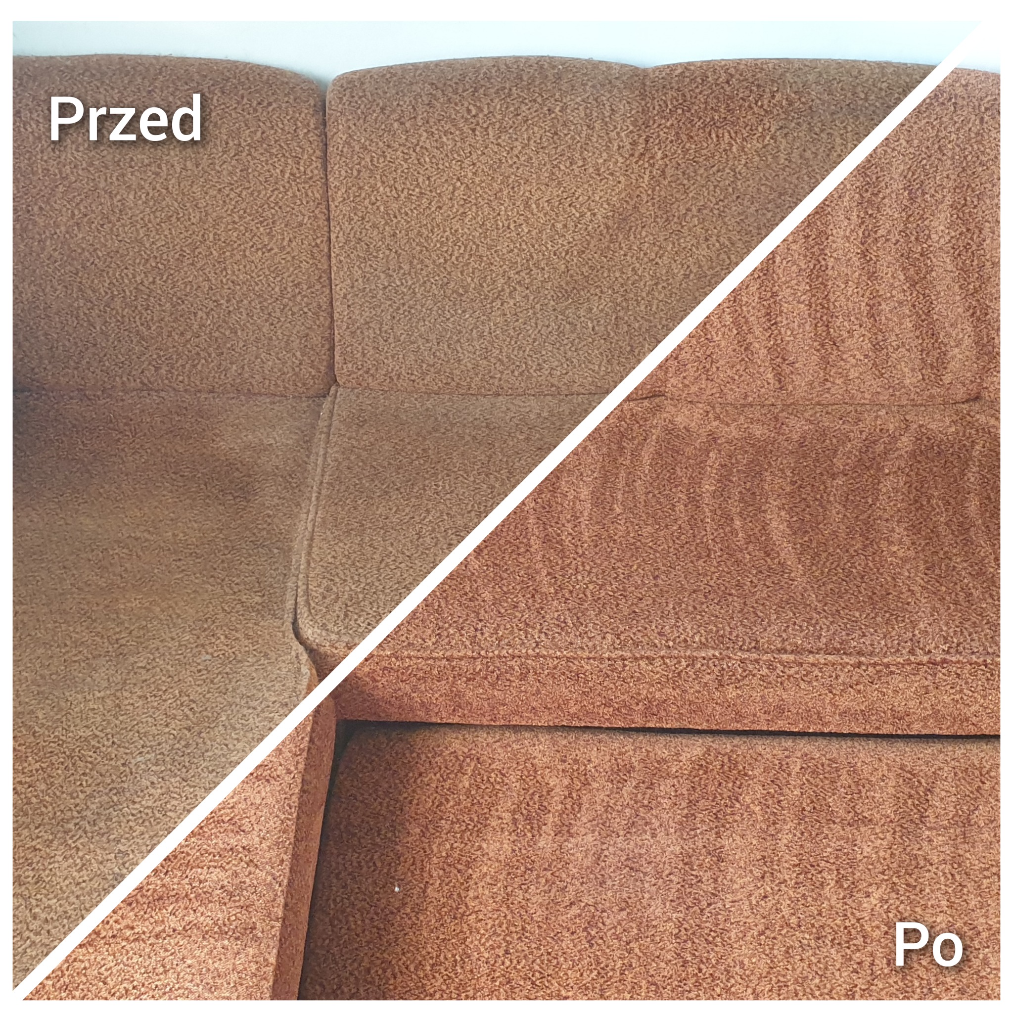 Brązowa kanapa podzielona ukośną linią: lewa strona pokazuje zabrudzenia przed czyszczeniem, prawa strona prezentuje odświeżoną tapicerkę po usunięciu plam.