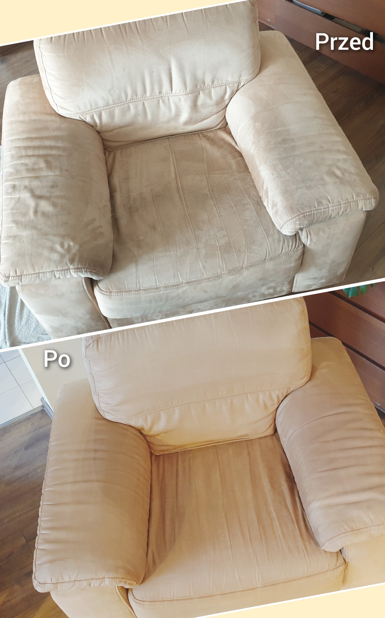 Beżowy fotel z widocznymi plamami na górnej połowie zdjęcia, kontrastujący z czystym fotelem na dolnej połowie, z podpisami 'Przed' i 'Po'.