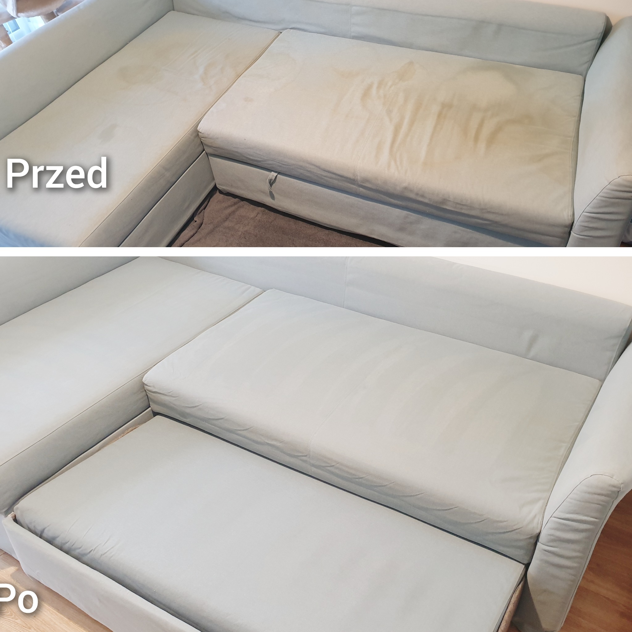 Zdjęcie przedstawia narożnik z jasną tapicerką w dwóch ujęciach: górne pokazuje zabrudzenia przed czyszczeniem, dolne prezentuje czystą powierzchnię po praniu.