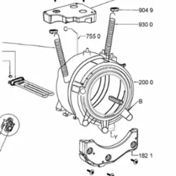 Czarno-biały schemat techniczny pralki, przedstawiający rozłożone elementy obudowy, uszczelki, sprężyny i pompę z opisem numerów części.