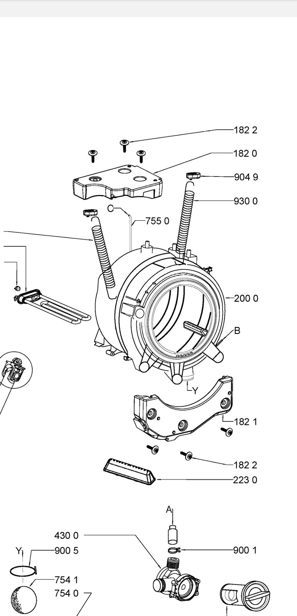 Czarno-biały schemat techniczny pralki, przedstawiający rozłożone elementy obudowy, uszczelki, sprężyny i pompę z opisem numerów części.