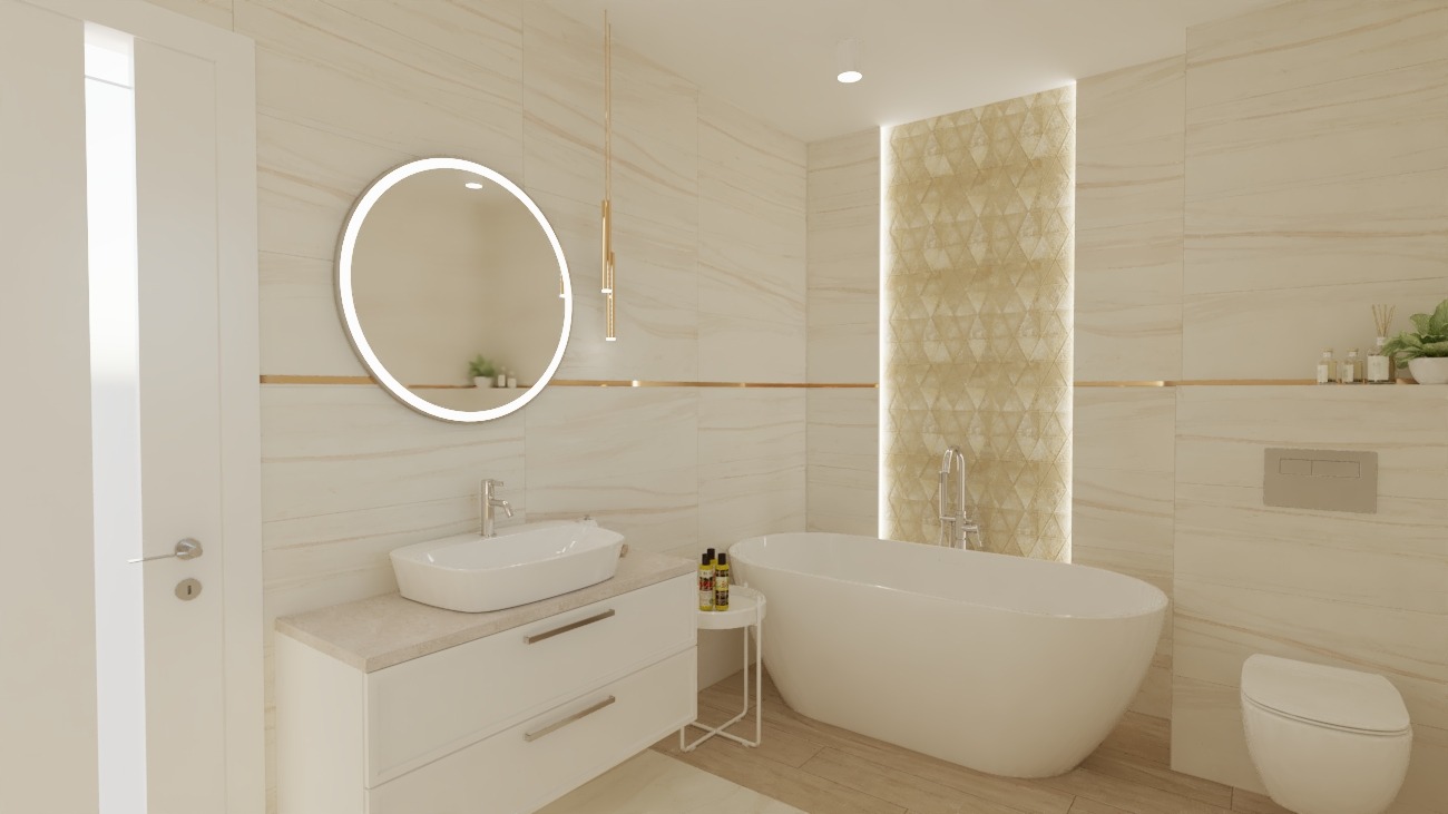 Jasna łazienka z wanną wolnostojącą, okrągłym lustrem z podświetleniem LED, umywalką nablatową z szafką i dekoracyjną ścianą z wzorem geometrycznym.