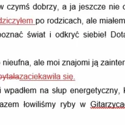 Fragment tekstu w języku polskim, prawdopodobnie opowiadania lub dialogu, z podkreślonymi niektórymi słowami na czerwono.