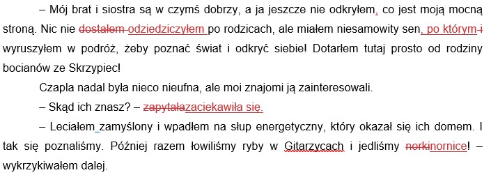 Fragment tekstu w języku polskim, prawdopodobnie opowiadania lub dialogu, z podkreślonymi niektórymi słowami na czerwono.