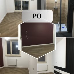 HomePlus - wykończenia pod klucz Mateusz Kossowski - Kolaż prezentujący fragmenty wyremontowanego mieszkania: kabina prysznicowa z brązowymi płytkami imitującymi drewno, pokój z bordową ścianą, pokój z podłogą w jodełkę i grzejnikiem oraz pokój...