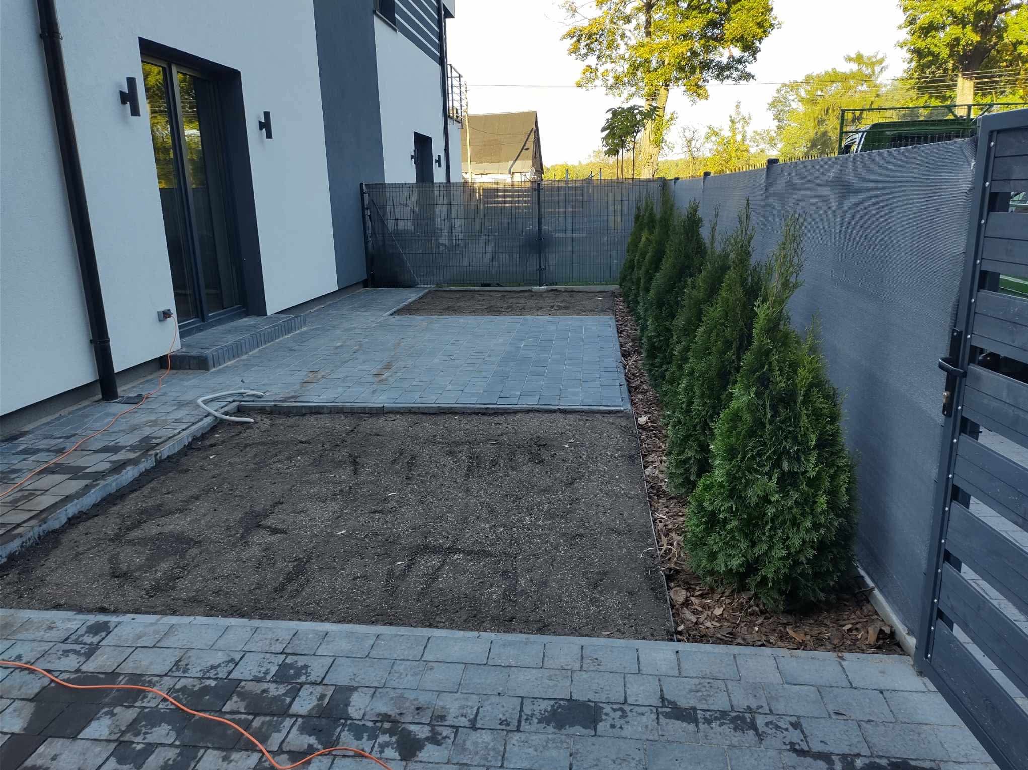 Przygotowany teren pod trawnik z obrzeżami z kostki, rządkiem posadzonych tuj i szarą siatką ogrodzeniową w tle nowoczesnego domu.