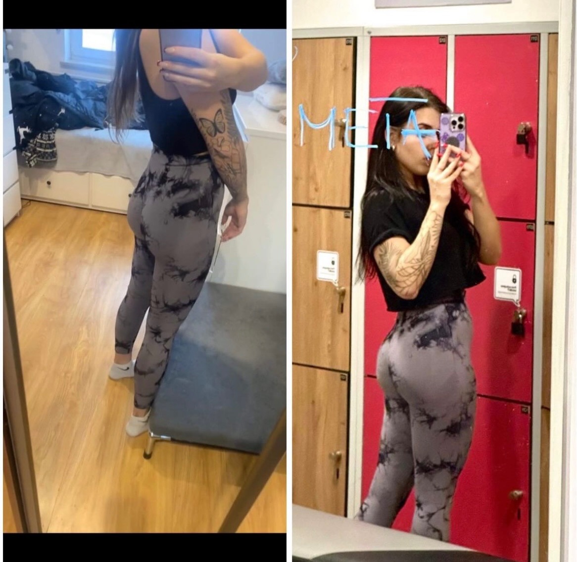 Kobieta w legginsach tie-dye, pozująca w lustrze w szatni z kolorowymi szafkami w tle, widoczny tatuaż na ramieniu.