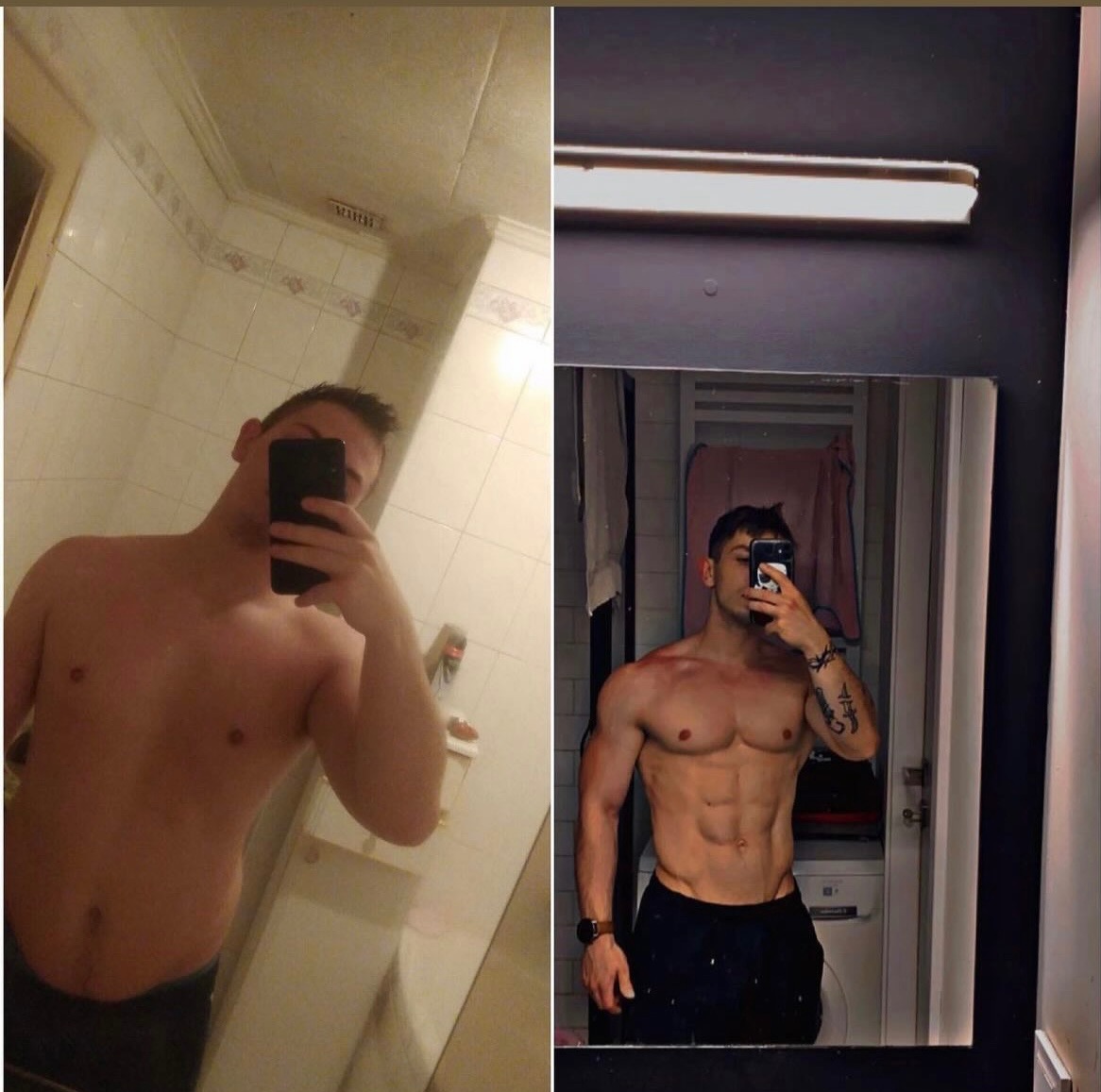 Porównanie sylwetki mężczyzny przed i po treningu, widoczne zmiany w muskulaturze brzucha i ramion, zdjęcia wykonane w łazience przed lustrem.