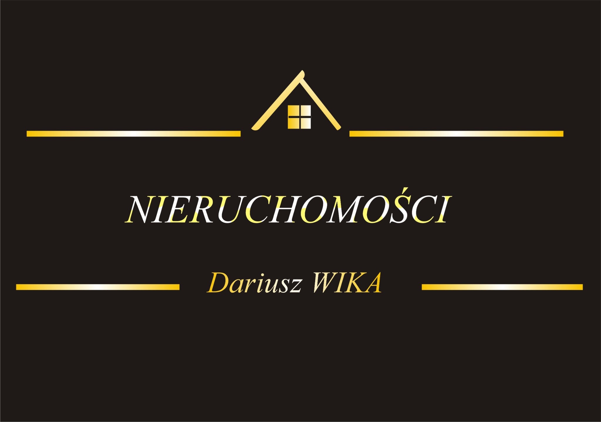 Logo firmy 'Nieruchomości Dariusz WIKA' na czarnym tle z żółtymi akcentami graficznymi w postaci linii i symbolu domu.