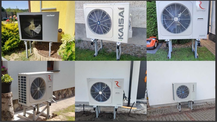 Kompozycja zdjęć przedstawiająca różne modele pomp ciepła różnych producentów, zamontowanych na zewnątrz budynków na metalowych konstrukcjach wsporczych, z widocznymi elementami otoczenia jak...