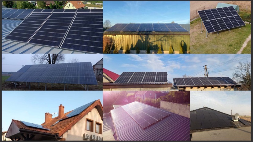 Kompozycja dziewięciu różnych instalacji paneli słonecznych na dachach budynków i na gruncie, prezentujących różnorodność montażu i otoczenia.