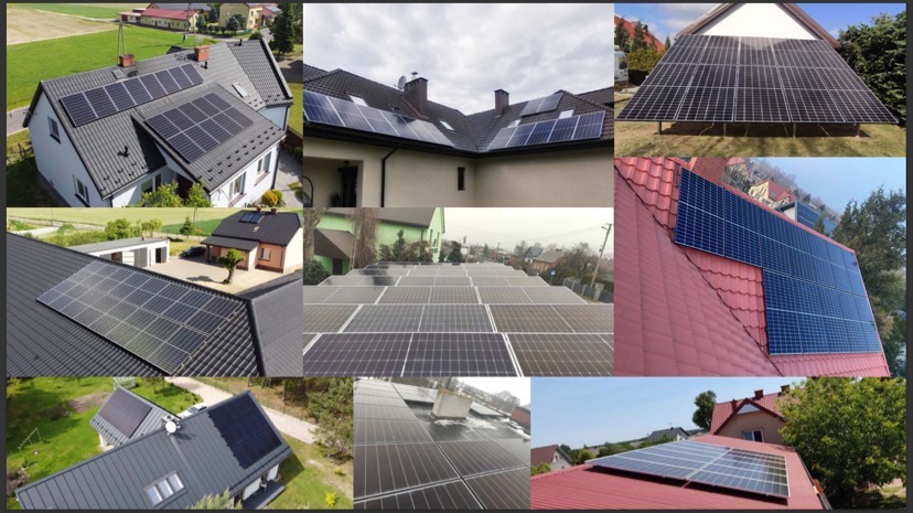 Kolaż zdjęć instalacji paneli słonecznych na różnych dachach domów jednorodzinnych, ukazujący różnorodność montażu i typów pokryć dachowych.
