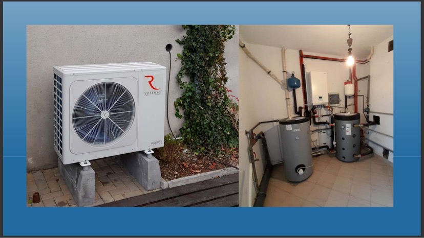 Zewnętrzna jednostka pompy ciepła marki Rotenso na betonowych podstawach, z fragmentem ściany porośniętej bluszczem, oraz wewnętrzne zbiorniki i instalacja w kotłowni na kafelkach.