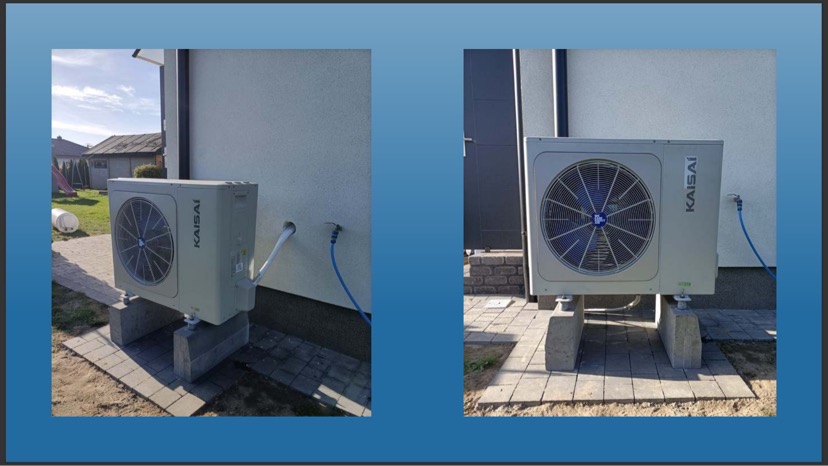 Dwa ujęcia zewnętrznej jednostki pompy ciepła Kaisai zamontowanej na betonowych podstawach przy ścianie budynku z widocznymi przyłączami.