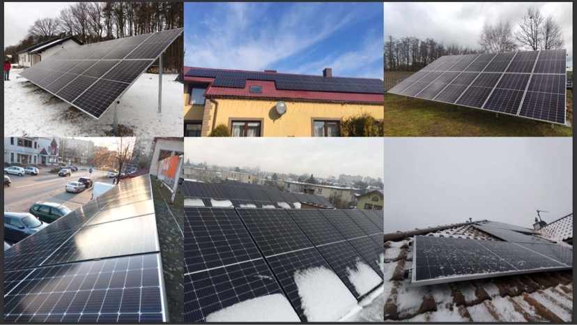 Kompozycja sześciu zdjęć przedstawiających instalacje fotowoltaiczne na różnych budynkach i gruntach, niektóre pokryte śniegiem, ukazujące różne kąty nachylenia i otoczenie.