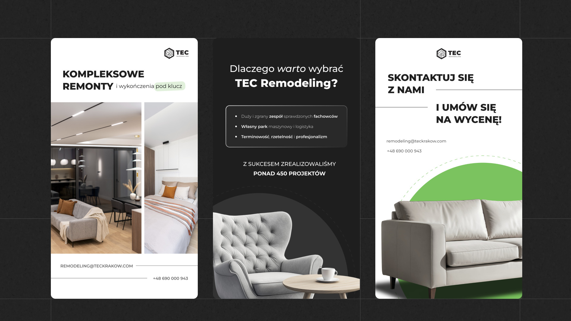 Reklama firmy remontowej TEC Remodeling: wizualizacje wykończonych wnętrz, informacje o zespole i dane kontaktowe.