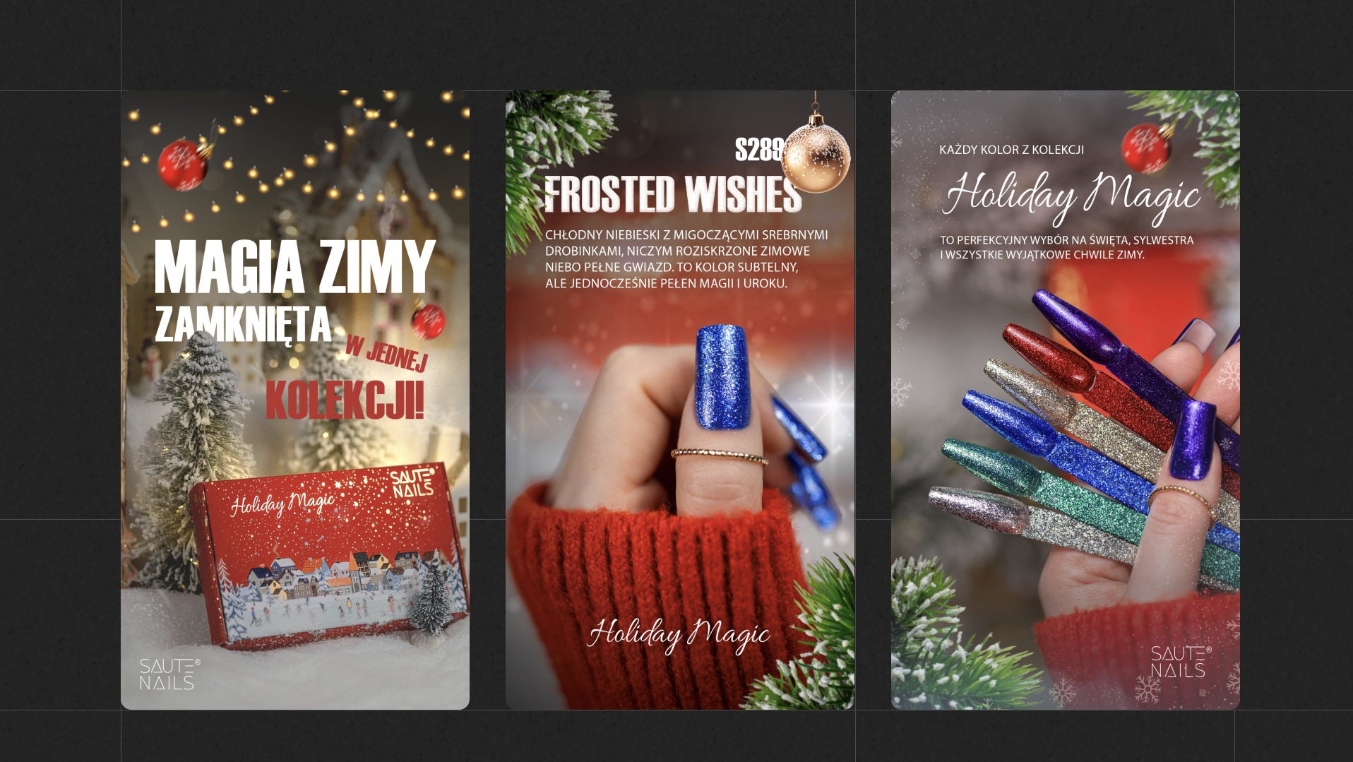 Kolaż trzech zdjęć reklamowych kolekcji lakierów do paznokci 'Holiday Magic'. Pierwsze zdjęcie przedstawia pudełko z zimowym motywem, drugie zbliżenie na pomalowany na niebiesko paznokieć...