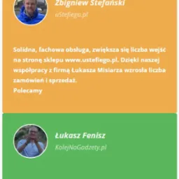 Zrzut ekranu z rekomendacjami klientów: Zbigniew Stefański chwali solidną obsługę i wzrost wejść na stronę sklepu, Łukasz Fenisz poleca usługi i zauważa wzrost odwiedzających oraz pozycjonowanie...