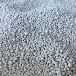 Bliskie ujęcie białych, kulistych granulek nawozu, tworzących dużą, nieregularną stertę. Widoczne różnice w wielkości poszczególnych granulek i subtelne cienie.