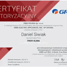 Skan certyfikatu autoryzacyjnego firmy PROFI-KLIMA dla instalacji urządzeń klimatyzacyjnych i chłodniczych marki GREE, wydany przez FREE POLSKA Sp. z o.o.