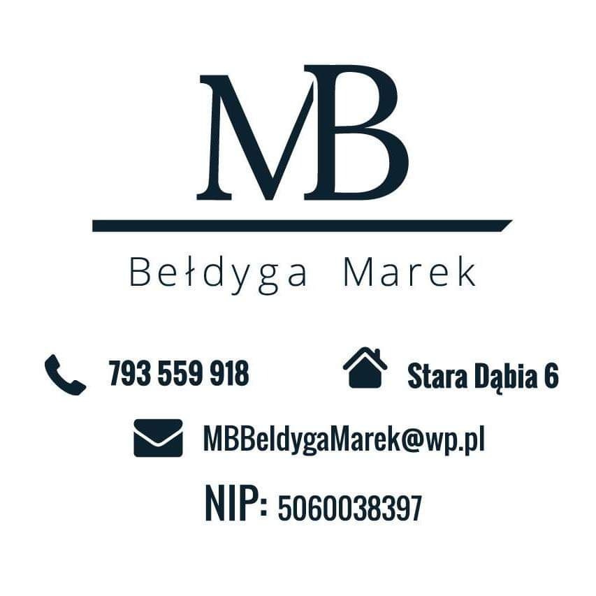 Logo firmy Bełdyga Marek z inicjałami MB, numerem telefonu, adresem email, adresem siedziby i numerem NIP.