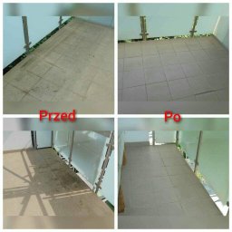 APKA CLEAN SERVICE - Kafelki na balkonie przed i po czyszczeniu, widoczne różnice w zabrudzeniu fug i powierzchni płytek, ujęcie z góry.