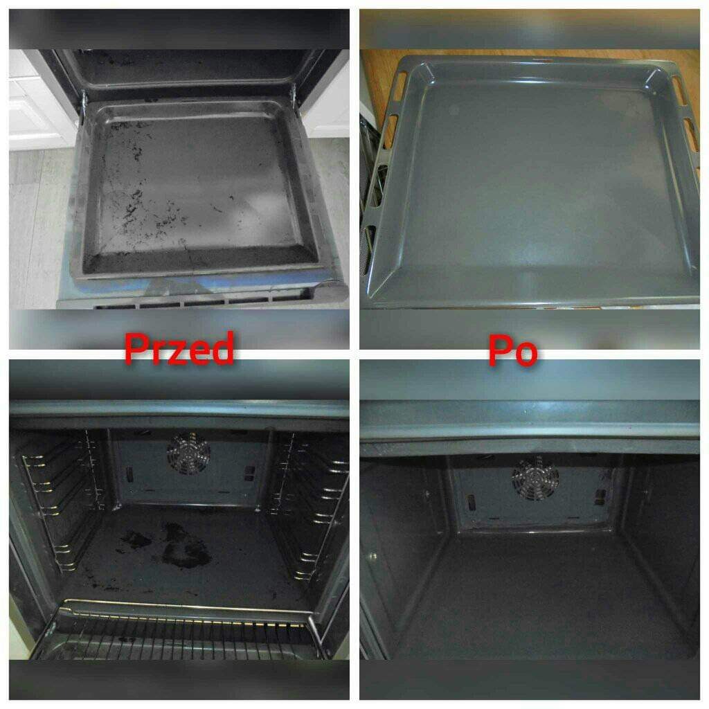 Cztery ujęcia piekarnika i blachy przed i po czyszczeniu. Widoczne osady i zabrudzenia usunięte, wnętrze i blacha lśnią czystością.