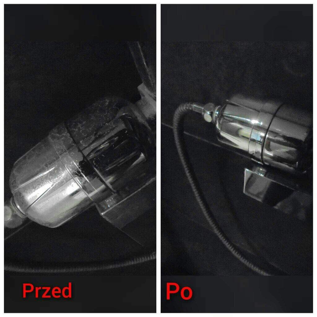 Filtr do wody: po lewej stronie zabrudzony osadem, po prawej wyczyszczony i błyszczący, ujęcie typu 'przed i po'.